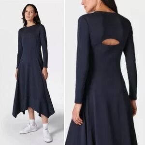 Sweaty Betty Flow Racer Maxi Dress 14 Navy Blue Long Sleeve Asymmetrical Cutout